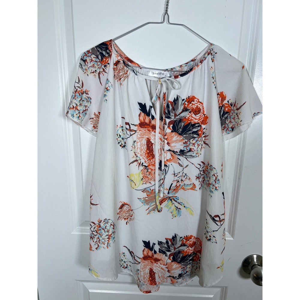 SimpleFun Women Blouse Floral Tie Neck Flutter Sleeve Size Large